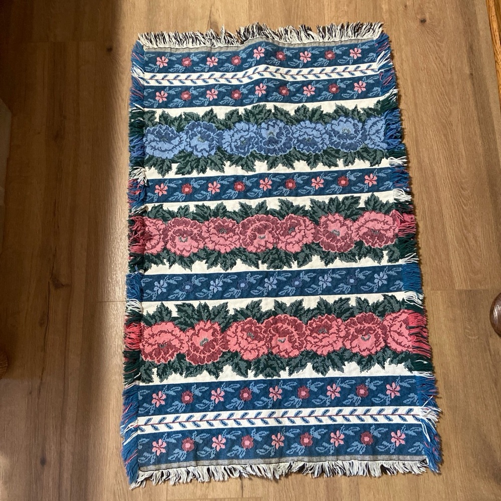 Vintage Tapestry Rug 1980’s 40 x 25 Cotton Blue Mauve Green
